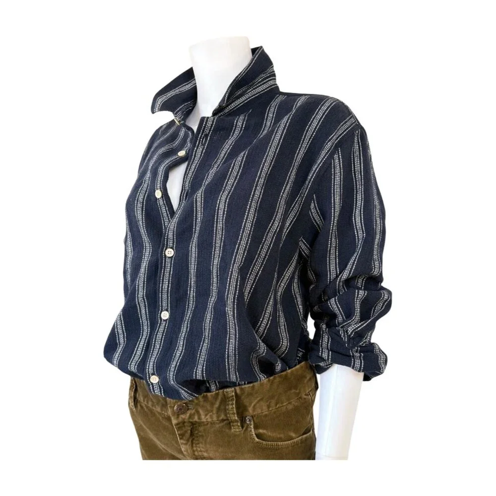 Zara Navy Blue Striped Cotton Button-Up Blouse | Oversized Fit | USA XL - Picture 4 of 10